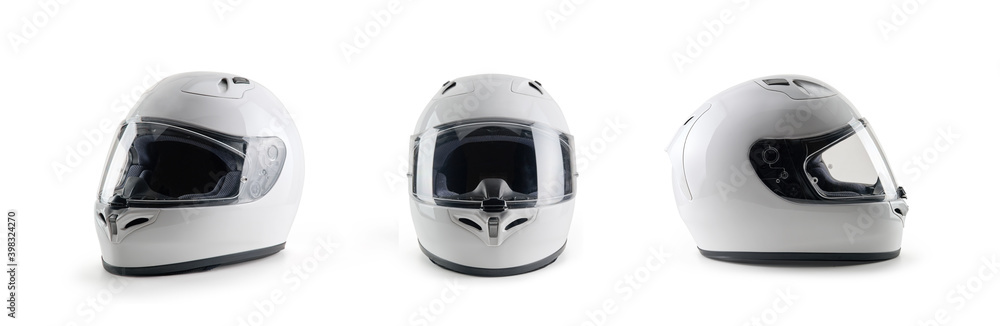 Integral motorcycle helmet white insulated white background in different positions. transport safety concept