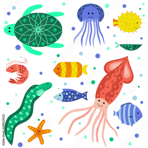Set with cute smiling sea animals - sea turtle, shrimp, jellyfish, squid, starfish, moray eels and various fish. Marine and ocean fauna isolated on white background. Flat cartoon vector illustration. © Анастасия Воронина