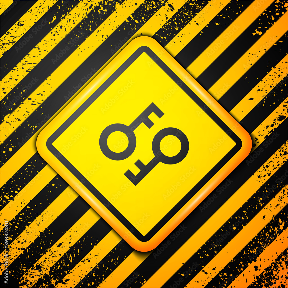 Black Cryptocurrency key icon isolated on yellow background. Concept of cyber security or private key, digital key with technology interface. Warning sign. Vector. Black Cryptocurrency key icon isolated on yellow background. Concept of cyber security or private key, digital key with technology interface. Warning sign. Vector.