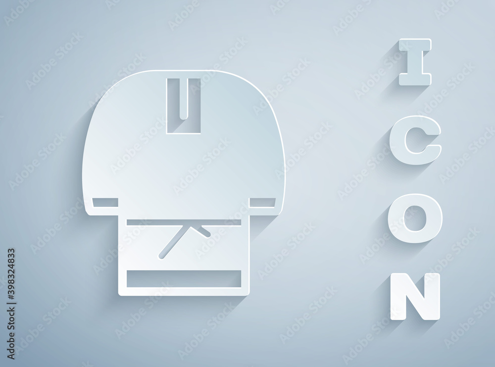 Paper cut Kosovorotka is a traditional Russian shirt icon isolated on grey background. Traditional national clothes. Paper art style. Vector.