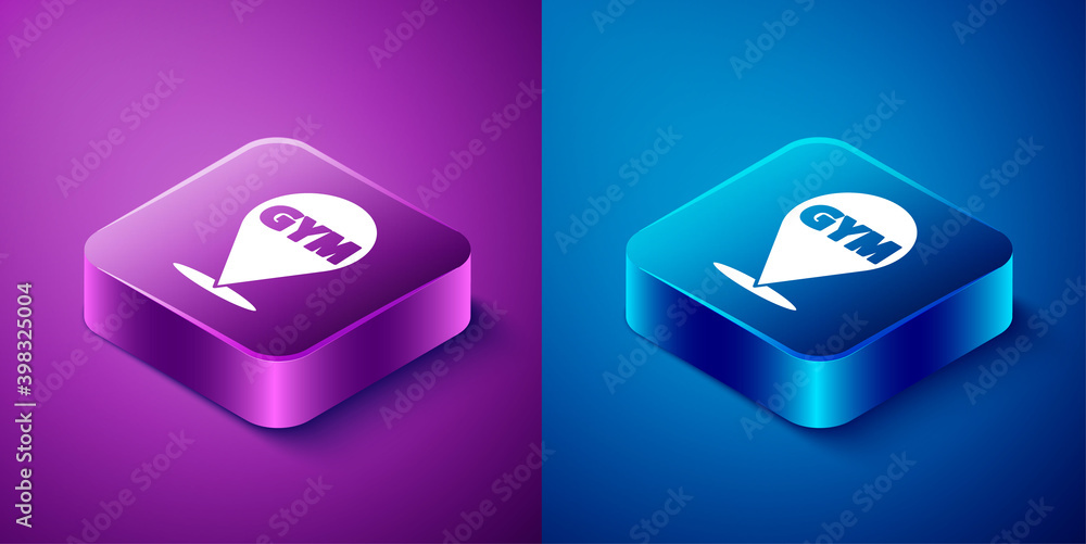 Isometric Location gym icon isolated on blue and purple background. Square button. Vector. Isometric Location gym icon isolated on blue and purple background. Square button. Vector.