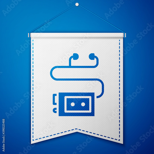 Blue Museum audio guide icon isolated on blue background. Headphones for excursions. White pennant template. Vector.