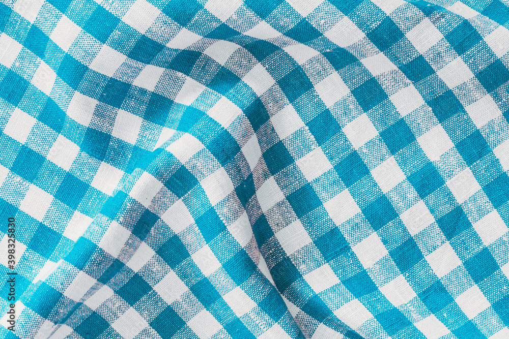 Wrinkled Natural Linen Plaid Fabric Abstract Background Texture, Blue And White Colors Wrinkled Natural Linen Plaid Fabric Abstract Background Texture, Blue And White Colors