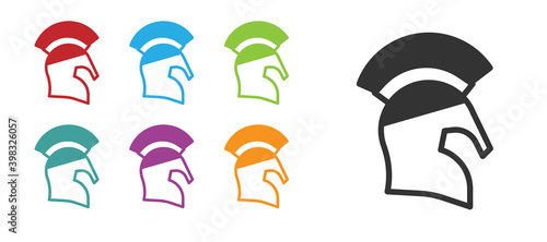 Black Greek helmet icon isolated on white background. Antiques helmet for head protection soldiers with a crest of feathers or horsehair. Set icons colorful. Vector.