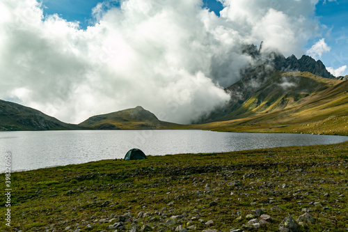 tent with lake and mountains
