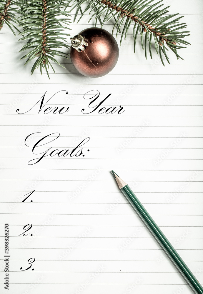 empty notebook page and fir branch New Year goals empty notebook page and fir branch New Year goals