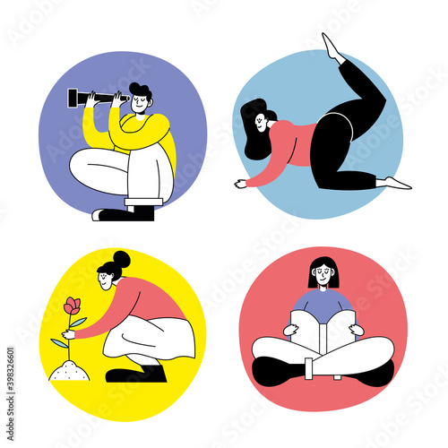 group of four persons practicing activity characters