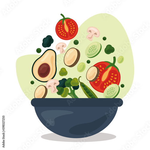 bowl with fresh fruits and vegetables healthy food set icons