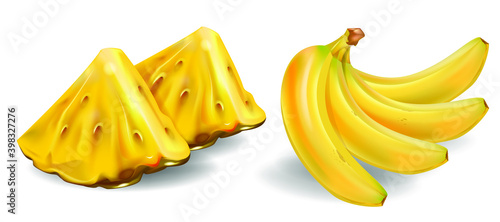 Fresh fruit and pieces pineapple and bananas in 3d. Juicy fruits and berries isolated on white background. Realistic fruit pulp icon set. Vector illustration