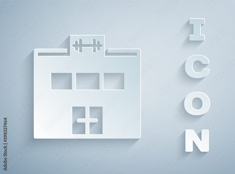 Paper cut Gym building icon isolated on grey background. Sport club. Paper art style. Vector. Paper cut Gym building icon isolated on grey background. Sport club. Paper art style. Vector.