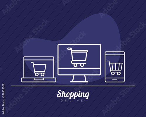 shopping carts trolley in electronic devices line style icon