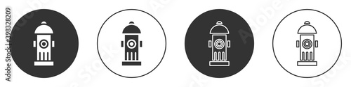 Black Fire hydrant icon isolated on white background. Circle button. Vector.