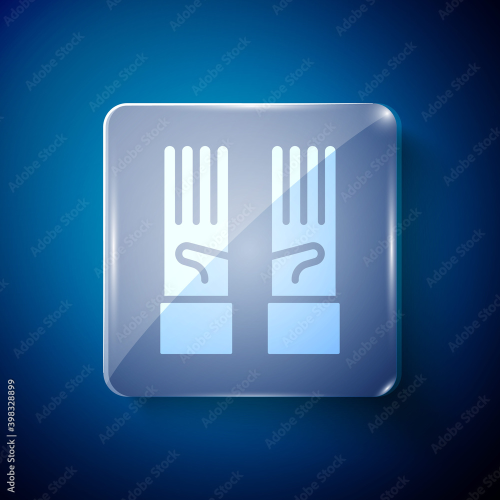 White Medical rubber gloves icon isolated on blue background. Protective rubber gloves. Square glass panels. Vector. White Medical rubber gloves icon isolated on blue background. Protective rubber gloves. Square glass panels. Vector.