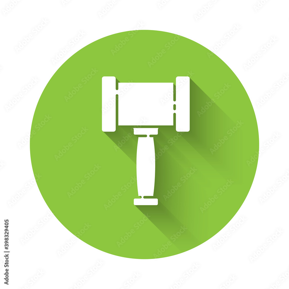 White Judge gavel icon isolated with long shadow. Gavel for adjudication of sentences and bills, court, justice. Auction hammer. Green circle button. Vector. White Judge gavel icon isolated with long shadow. Gavel for adjudication of sentences and bills, court, justice. Auction hammer. Green circle button. Vector.