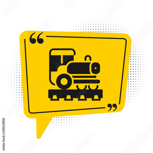 Black Vintage locomotive icon isolated on white background. Steam locomotive. Yellow speech bubble symbol. Vector.