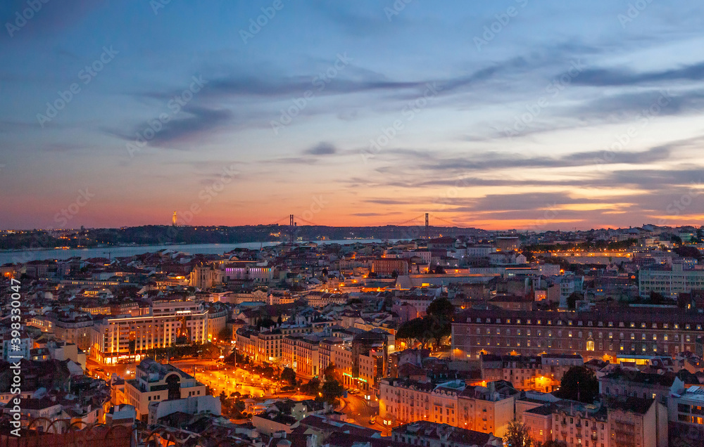 Lisbon night panoramic view, Portugal architecture cityscape