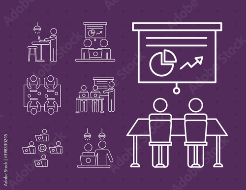 bundle of workers avatars coworking line style icons in purple background