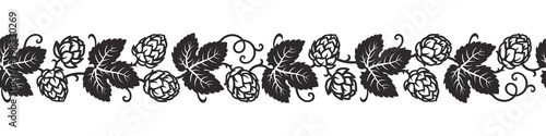 Hop branches with cones and leaves seamless border. Brewery, beer festival, design elements in vintage engraving style. Hand drawn vector illustration isolated on white background.