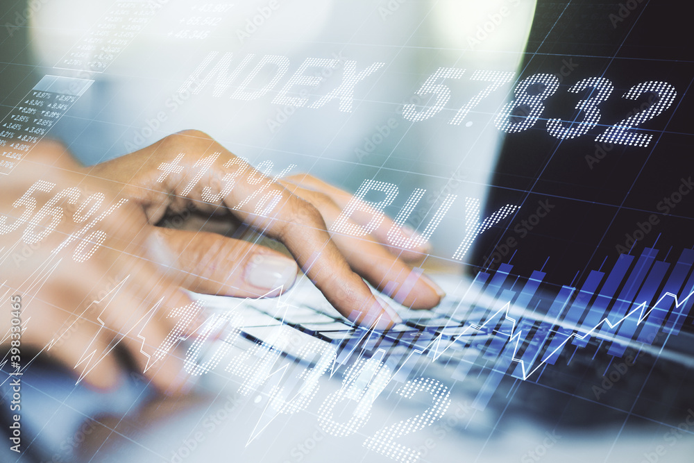 Multi exposure of abstract creative financial chart with hand typing on computer keyboard on background, research and analytics concept Multi exposure of abstract creative financial chart with hand typing on computer keyboard on background, research and analytics concept