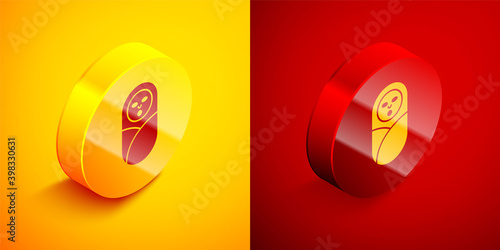 Isometric Newborn baby infant swaddled or swaddling icon isolated on orange and red background. Baby kid child wrapped in blanket clothes. Circle button. Vector.