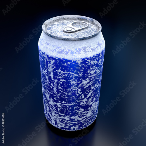 Blue frozen aluminum beer or soda can with frost isolated on black background.