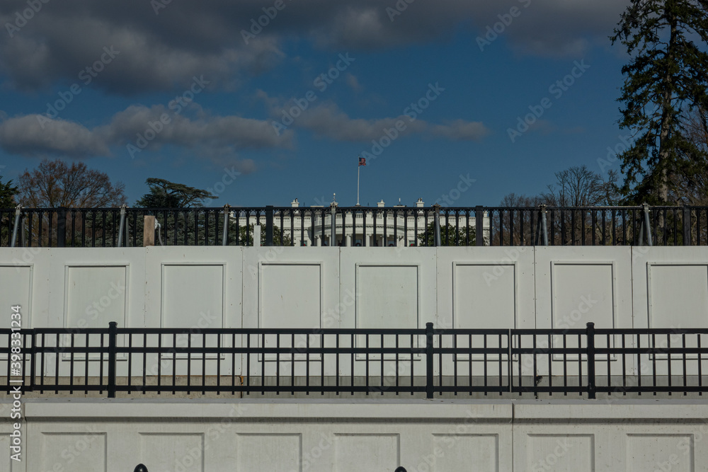 Massive wall and fence in front of White House. Restricted zone.