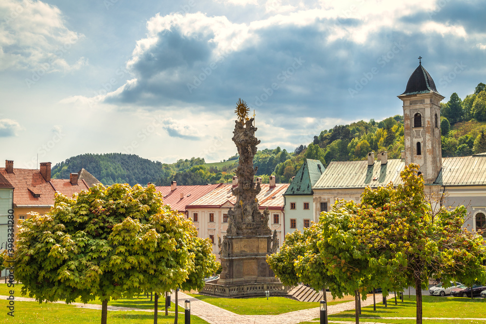Main square with Plague column in Kremnica, important medieval mining town, Slovakia, Europe.