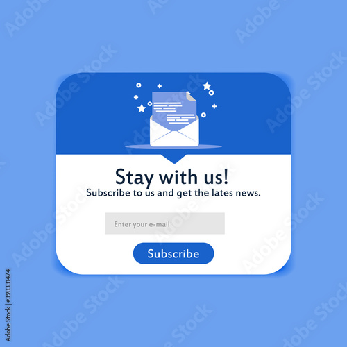 Popup modern subscription form design. Creative menu for followers. Mailing letters website page vector illustration