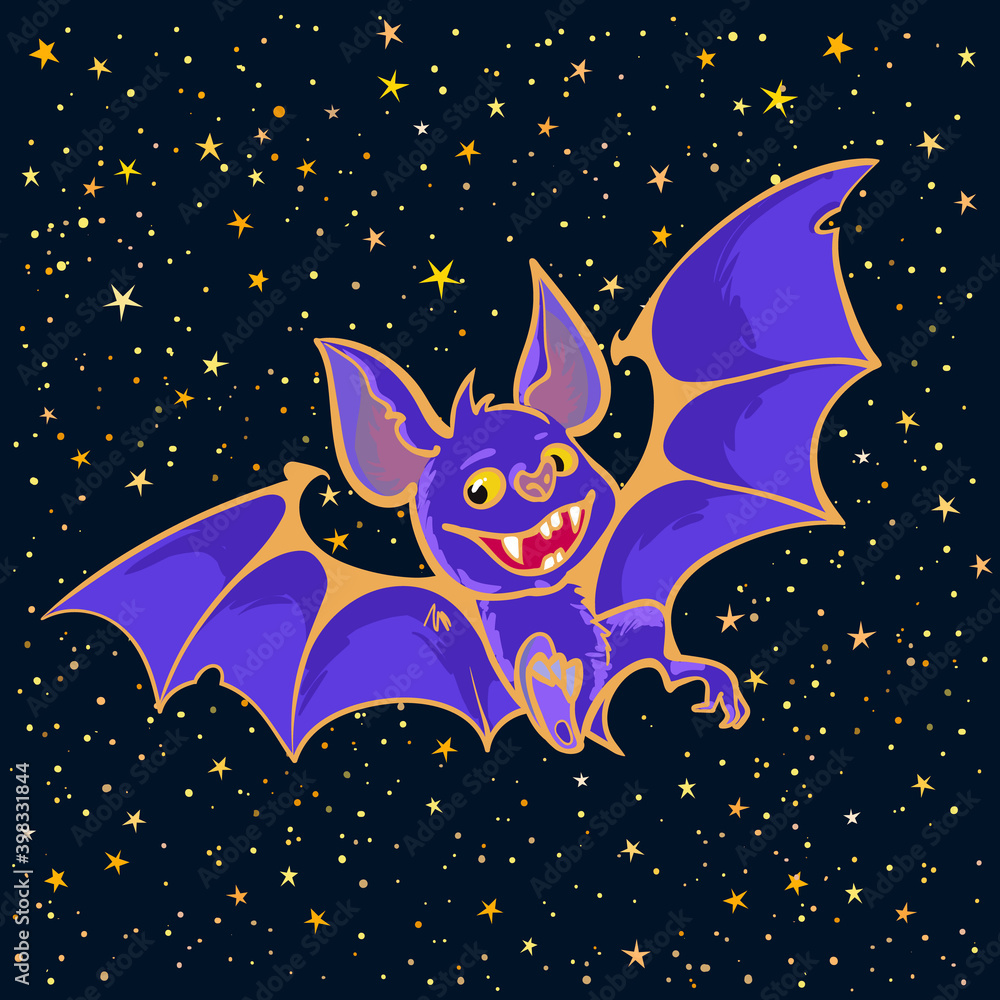 Cartoon Halloween vampire bat on starry night sky background. Halloween poster, or invitation design template. Hand drown illustration.