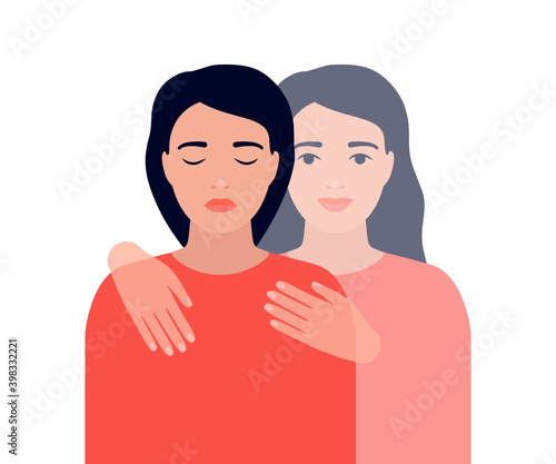Support and help sad young woman in form of ghostly twin. Invisible support for difficulties. Psychological problem has been solved. Vector illustration