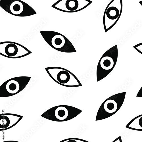 Seamless pattern with All-seeing eye for fashion prints, fabrics, wallpapers, wrapping paper, bedding. Black and white eye - Masonic symbol. Vector illustration. White background.