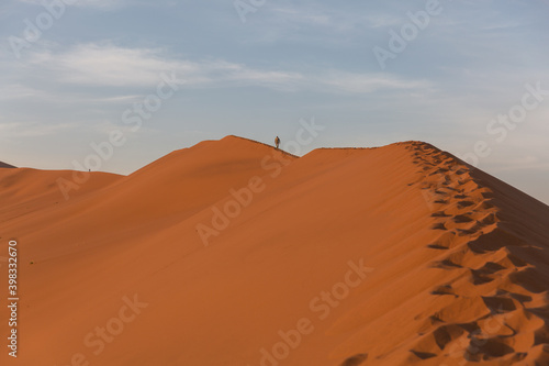 A tourist with a backpack walks along the top of a dune in the Namib desert. Sossuflei, Namibia
