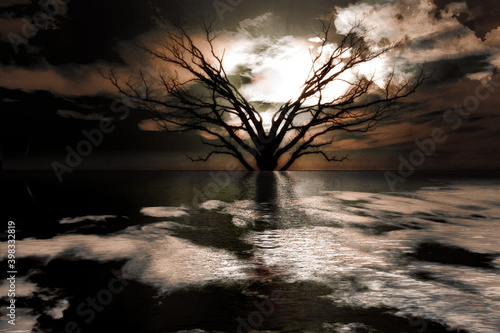 Magical Landscape with Tree. 3D rendering