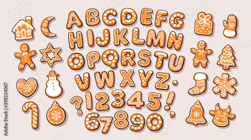 Christmas and New Year gingerbread alphabet and cute traditional holiday cookies. Sugar coated letters and numbers. Cartoon hand drawn vector illustration on white background.