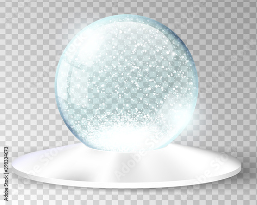 White vector snow globe empty template isolated on transparent background. Christmas magic ball. Blue glass ball dome with silver round wide cone stand. Winter holiday crystal, snow inside. Xmas toy