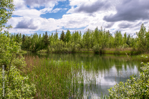 Forest lake with banks in the bright spring green of young birches against the blue sky with Cumulus clouds. Background.