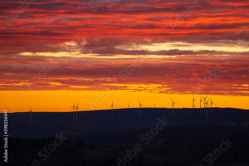 Sunrise over a onshore wind farm in the black forest