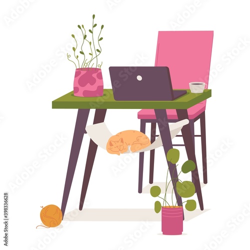 Freelancer workplace with cat sleeping in hammock. Flowerpots, greenery and laptop good for remote work. Isolated on white background illustration
