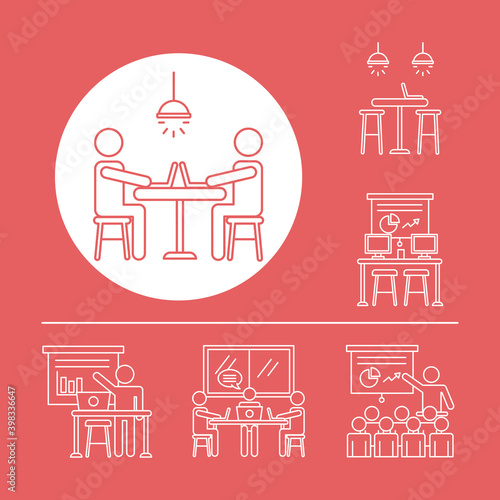 bundle of workers avatars coworking line style icons in red background