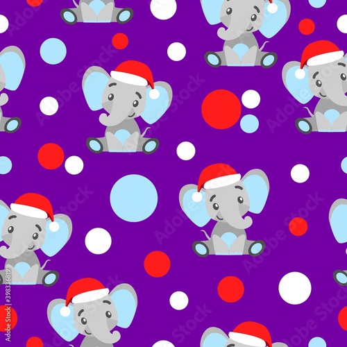 Seamless pattern. Happy New Year. Cartoon baby elephant in red Christmas hat. White, red and blue confetti. Violet background. Post cards, wallpaper, textile, scrapbooking and wrapping paper photo