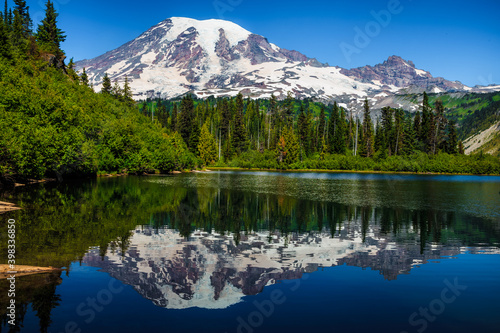 Beautful Reflection of Mt Rainier from Bench Lake, Mt Rainier National Park, Washington