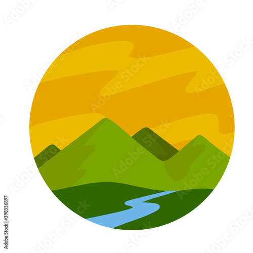 Green landscape with river and mountains. Nature and summer. Icon in a circle. Orange evening sky. Flat cartoon illustration