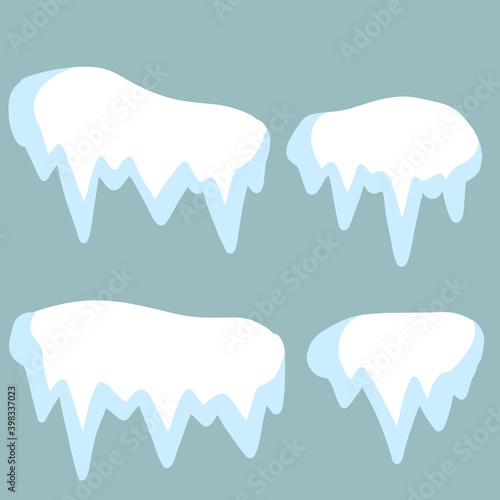Icicle. Ice and white snow. Winter decoration for Christmas background. Cold season. Flat cartoon illustration