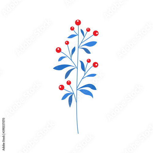 Elegant branch with blue leaves and red berries. Vector illustration.