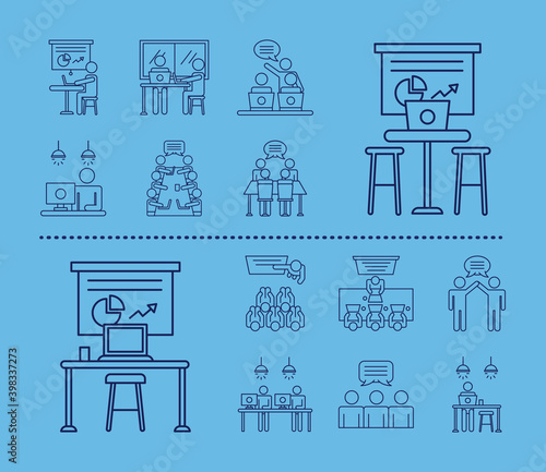 bundle of workers avatars coworking line style icons in blue background