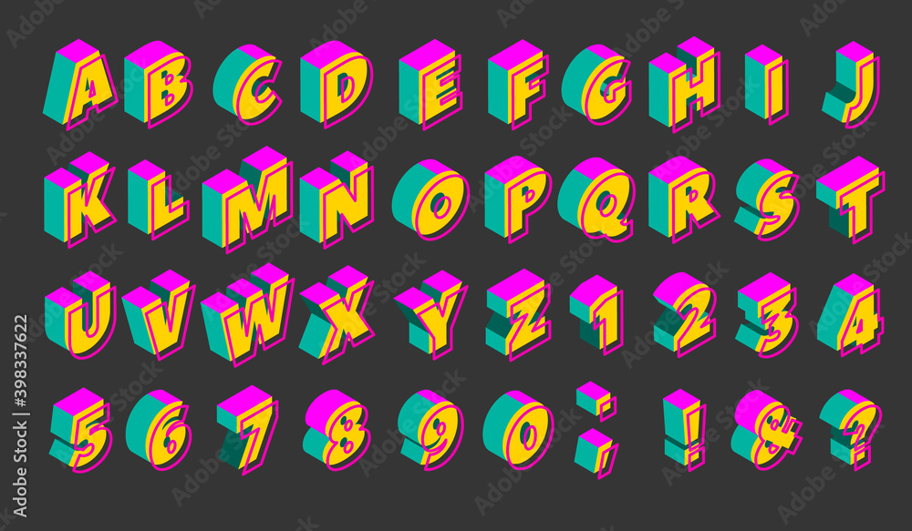 90s isometric neon alphabet. Set of colorful elements Stock ...