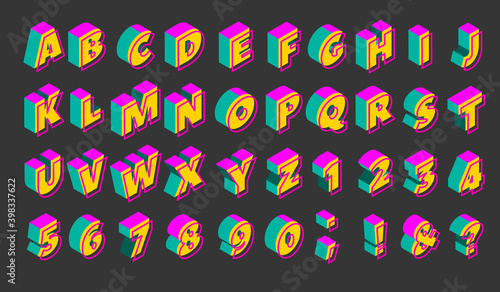 90s isometric neon alphabet. Set of colorful elements