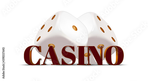 Volume text casino with playing dice on a white background. Separate text. Red-gold letters on a white background. White dices on a white background. 3d effect. Vector