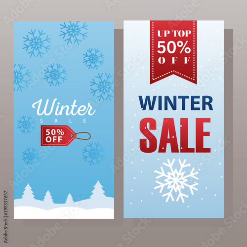 big winter sale poster with tag hanging and ribbon