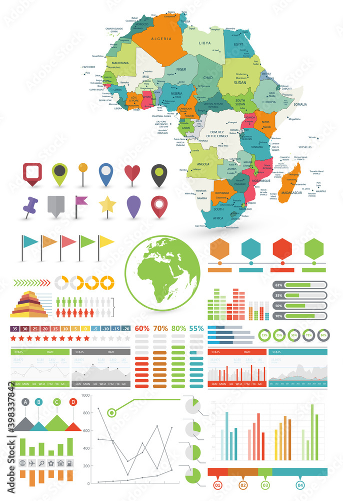 Africa map and Infographics design elements. On white
